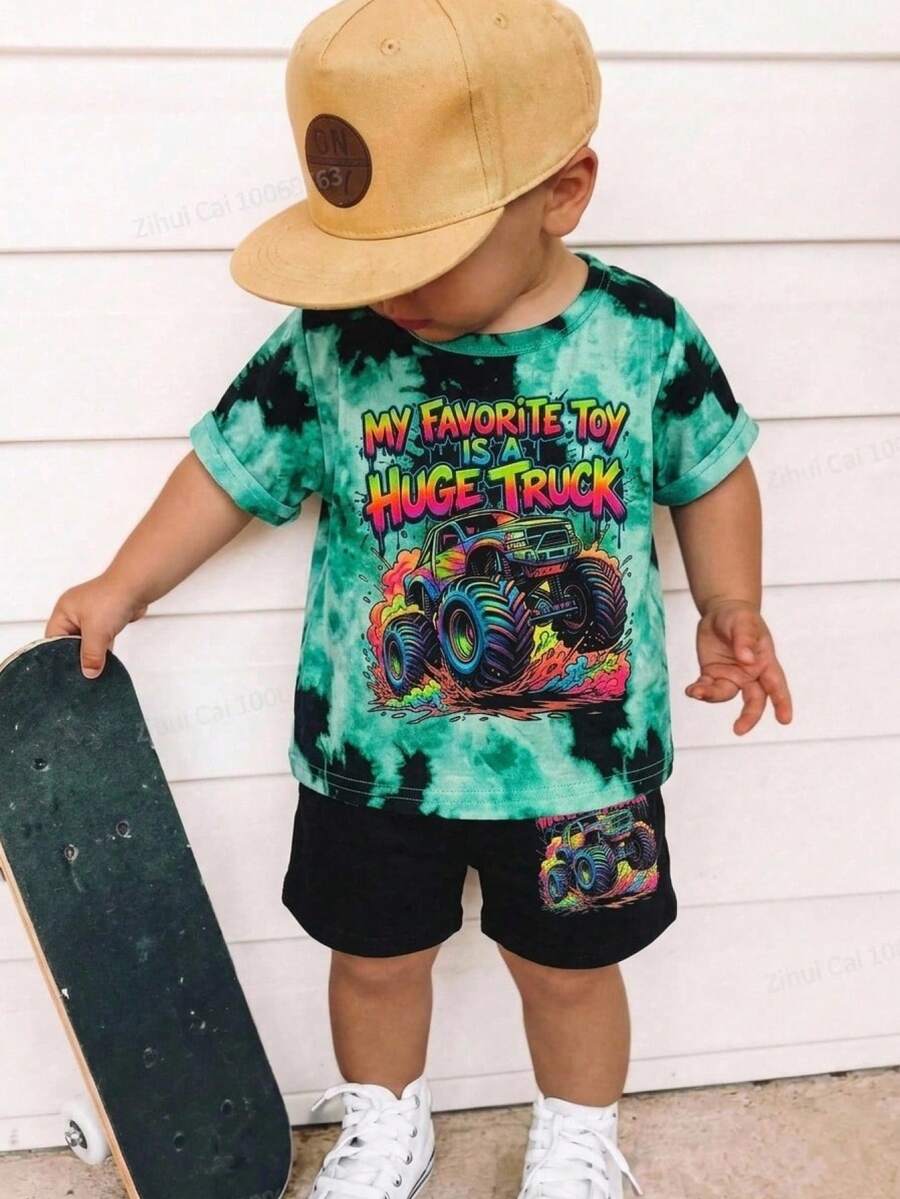 SHEIN 2pcs/Pack Unisex Baby Boy Girl Summer Tie-Dye Racing Car Print Round Neck Short Sleeve Top And Shorts Set,Cute Shades Of Green Vacation Outfit