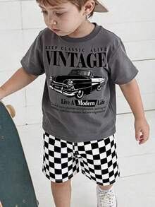 Baby Boy Casual T-Shirt Set Suitable For Summer, Classic Retro Racing Car Graphic Print, Cool Slogan Graphic Print, Classic Black And White Checkered Flag Print