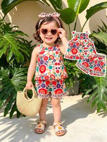 SHEIN 2pcs/Set Toddler Girls' Bohemian Floral Print Halter Sleeveless Top & Shorts Set