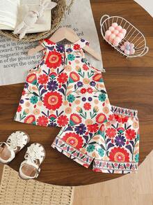 SHEIN 2pcs/Set Toddler Girls' Bohemian Floral Print Halter Sleeveless Top & Shorts Set