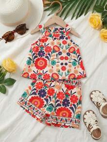 SHEIN 2pcs/Set Toddler Girls' Bohemian Floral Print Halter Sleeveless Top & Shorts Set