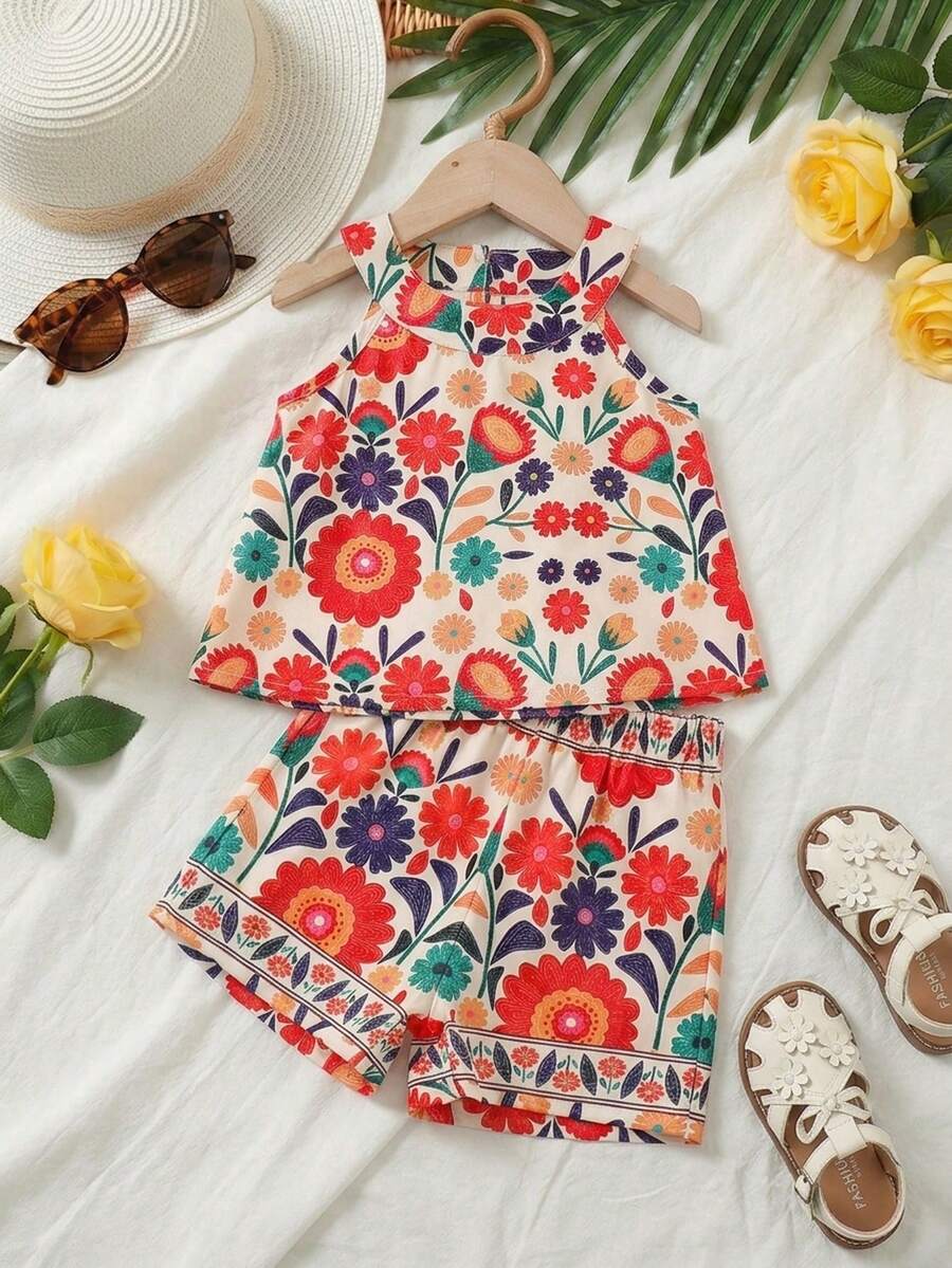 SHEIN 2pcs/Set Toddler Girls' Bohemian Floral Print Halter Sleeveless Top & Shorts Set