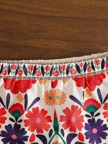 SHEIN 2pcs/Set Toddler Girls' Bohemian Floral Print Halter Sleeveless Top & Shorts Set