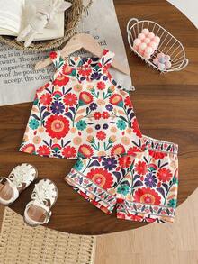 SHEIN 2pcs/Set Toddler Girls' Bohemian Floral Print Halter Sleeveless Top & Shorts Set