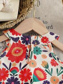 SHEIN 2pcs/Set Toddler Girls' Bohemian Floral Print Halter Sleeveless Top & Shorts Set