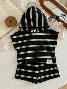 Baby Boy Summer Casual Vacation & Daily Wear Contrast Stripe & Letter Print Bat Wing Hoodie T-Shirt And Shorts Set