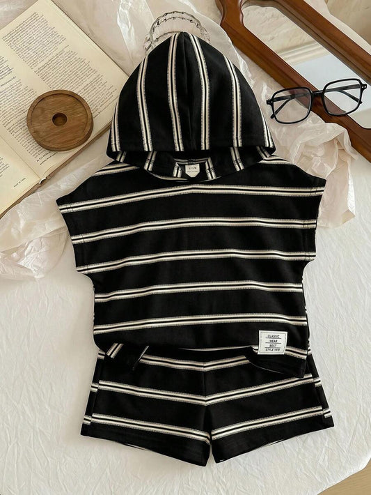 Baby Boy Summer Casual Vacation & Daily Wear Contrast Stripe & Letter Print Bat Wing Hoodie T-Shirt And Shorts Set