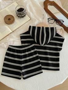 Baby Boy Summer Casual Vacation & Daily Wear Contrast Stripe & Letter Print Bat Wing Hoodie T-Shirt And Shorts Set