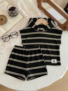 Baby Boy Summer Casual Vacation & Daily Wear Contrast Stripe & Letter Print Bat Wing Hoodie T-Shirt And Shorts Set