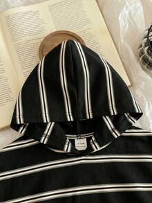 Baby Boy Summer Casual Vacation & Daily Wear Contrast Stripe & Letter Print Bat Wing Hoodie T-Shirt And Shorts Set