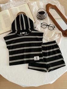 Baby Boy Summer Casual Vacation & Daily Wear Contrast Stripe & Letter Print Bat Wing Hoodie T-Shirt And Shorts Set