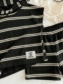 Baby Boy Summer Casual Vacation & Daily Wear Contrast Stripe & Letter Print Bat Wing Hoodie T-Shirt And Shorts Set