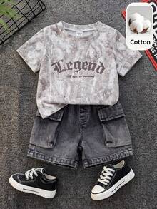 SHEIN 2pcs Baby Boy Summer Casual Street Style Grey Camo T-Shirt And Cargo Denim Shorts Black Denim Pants Set