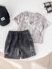 SHEIN 2pcs Baby Boy Summer Casual Street Style Grey Camo T-Shirt And Cargo Denim Shorts Black Denim Pants Set