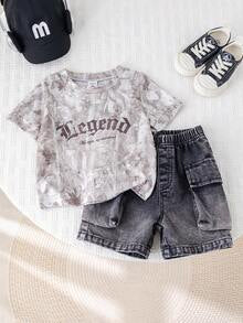 SHEIN 2pcs Baby Boy Summer Casual Street Style Grey Camo T-Shirt And Cargo Denim Shorts Black Denim Pants Set