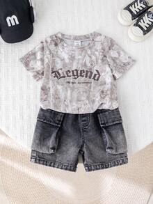 SHEIN 2pcs Baby Boy Summer Casual Street Style Grey Camo T-Shirt And Cargo Denim Shorts Black Denim Pants Set