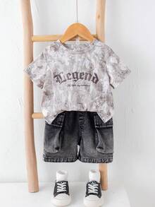 SHEIN 2pcs Baby Boy Summer Casual Street Style Grey Camo T-Shirt And Cargo Denim Shorts Black Denim Pants Set