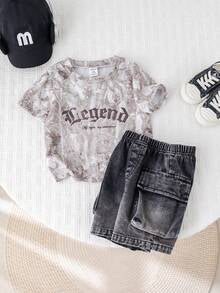 SHEIN 2pcs Baby Boy Summer Casual Street Style Grey Camo T-Shirt And Cargo Denim Shorts Black Denim Pants Set