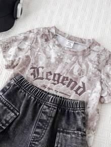 SHEIN 2pcs Baby Boy Summer Casual Street Style Grey Camo T-Shirt And Cargo Denim Shorts Black Denim Pants Set