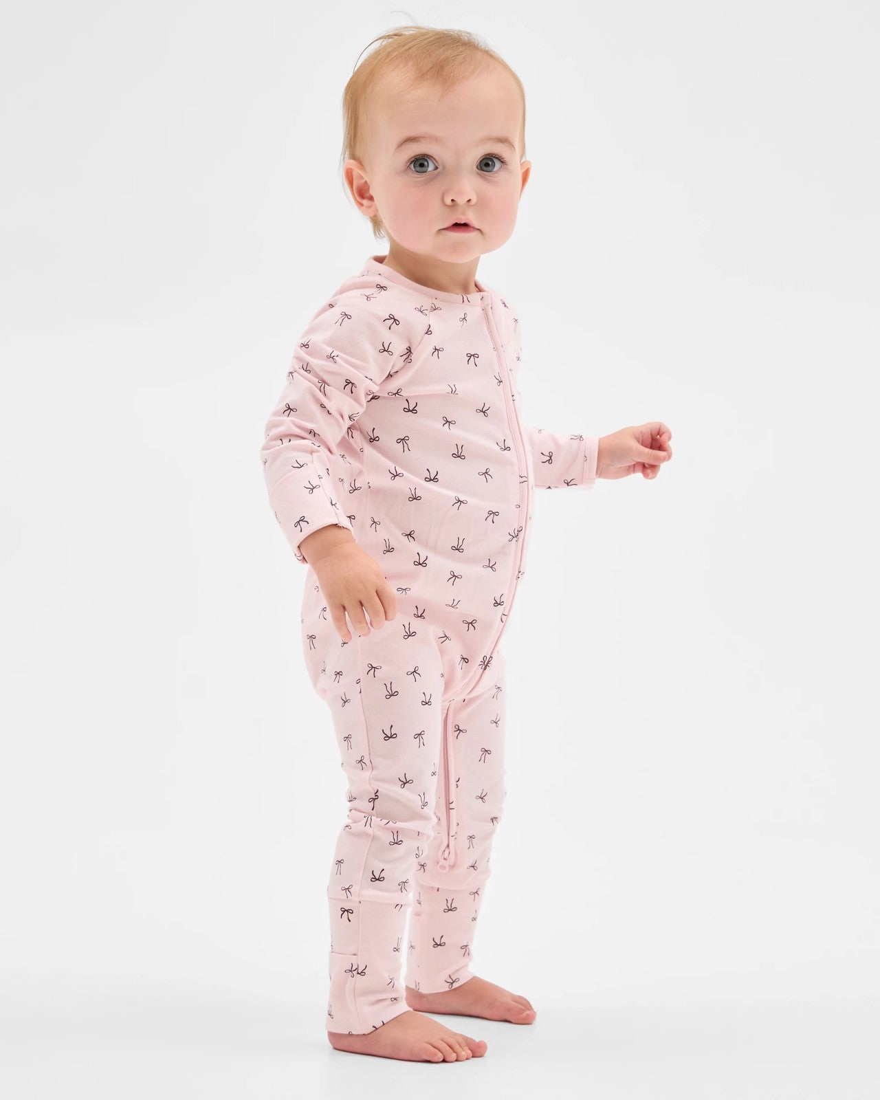 Baby Organic Cotton Zip Front Footless Coverall - Bows Pink