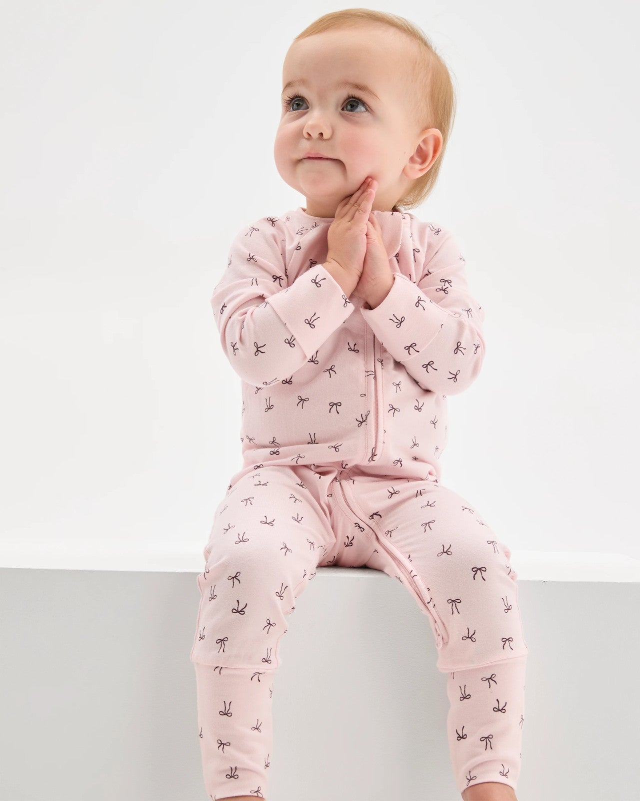 Baby Organic Cotton Zip Front Footless Coverall - Bows Pink