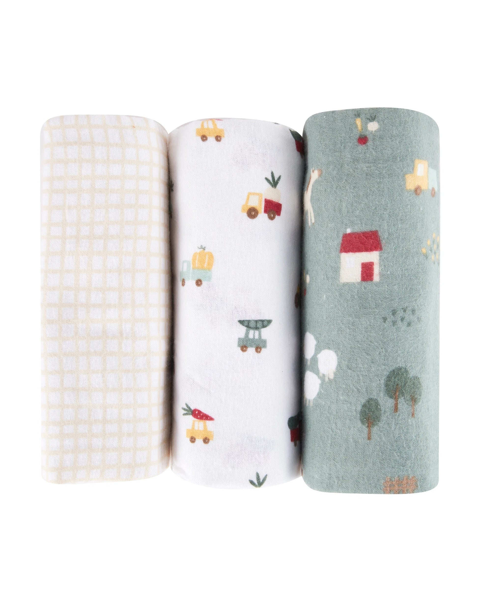 3 Pack Cotton Flannelette Wraps - Farm