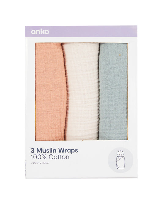 3 Pack Cotton Muslin Wraps - Textured