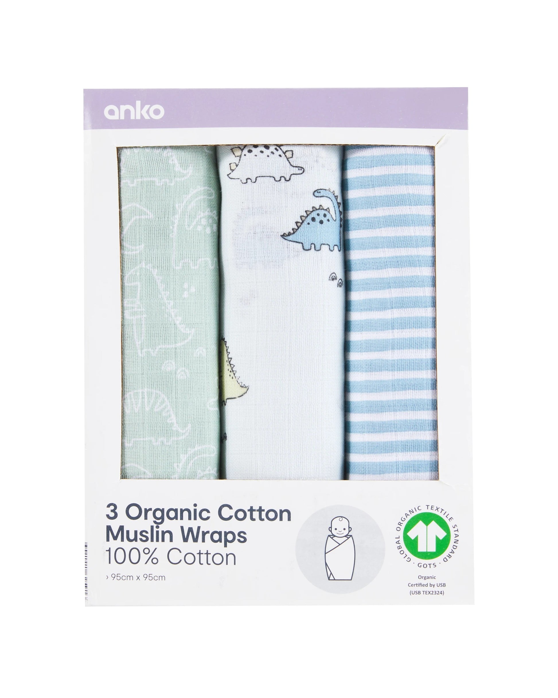 3 Pack Organic Cotton Muslin Wraps - Dino