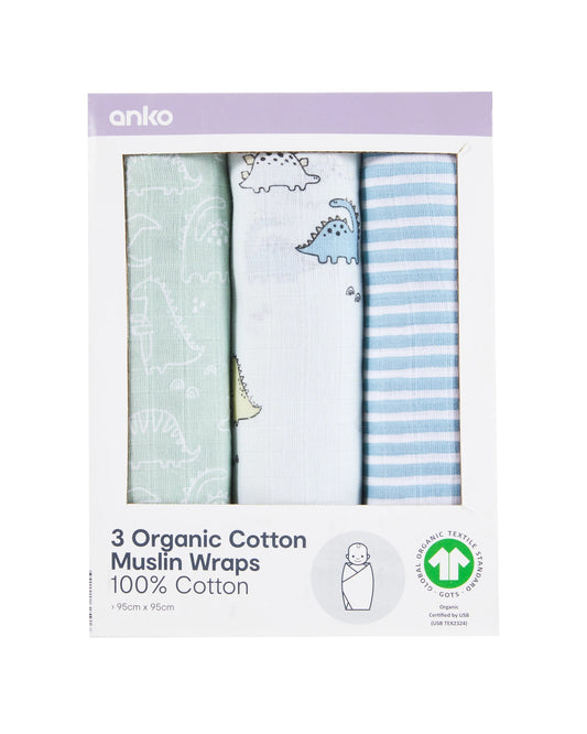 3 Pack Organic Cotton Muslin Wraps - Dino