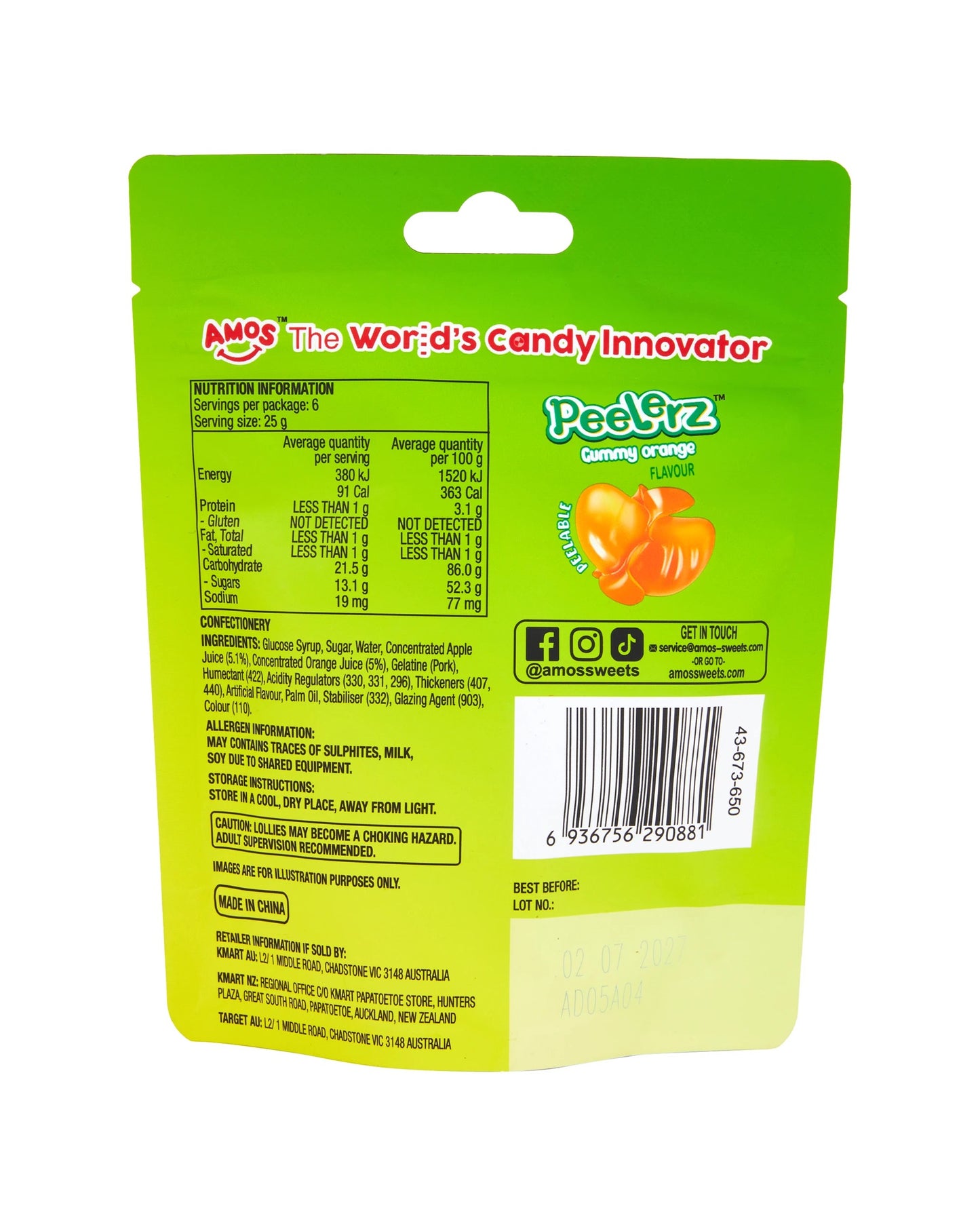 Amos Peelerz Orange Flavour Gummy Candy 150g