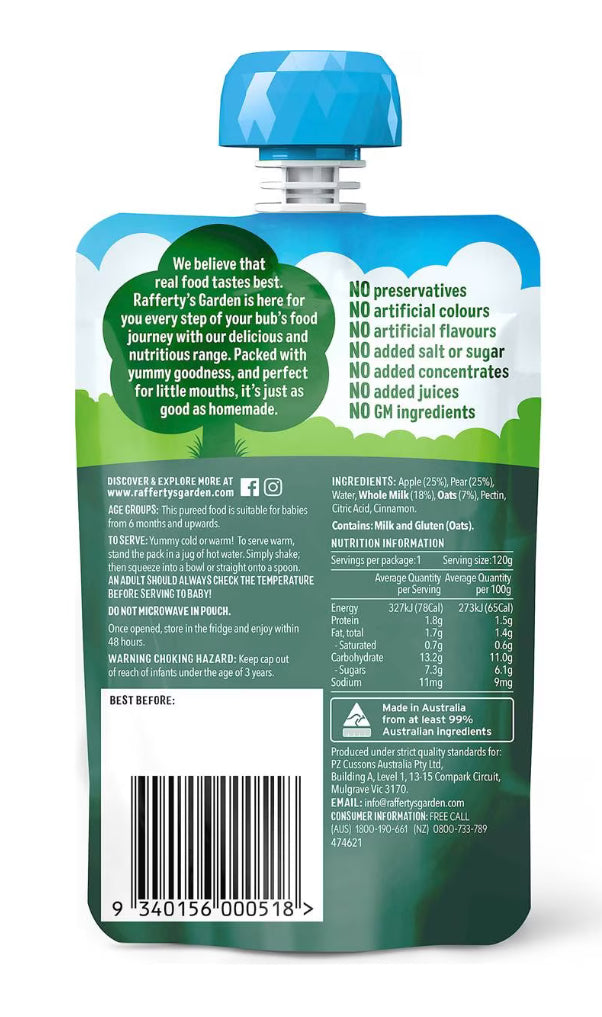 Rafferty's Garden Baby Food Pouch Apple, Pear & Cinnamon Porridge 6+ Months 120g
