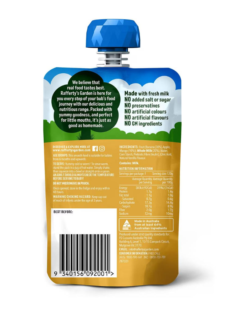 Rafferty's Garden Banana & Mango Custard Baby Food Pouch Dessert 6+ Months 120g