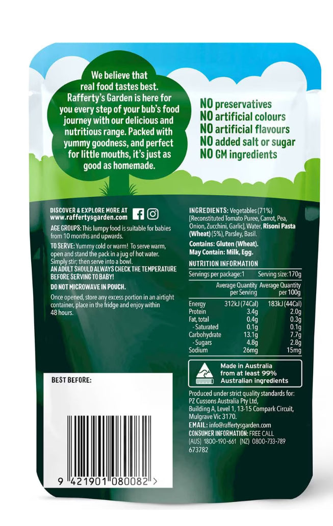 Rafferty's Garden Baby Food Pouch Risoni Pasta & Garden Vegetables 10+ Months 170g