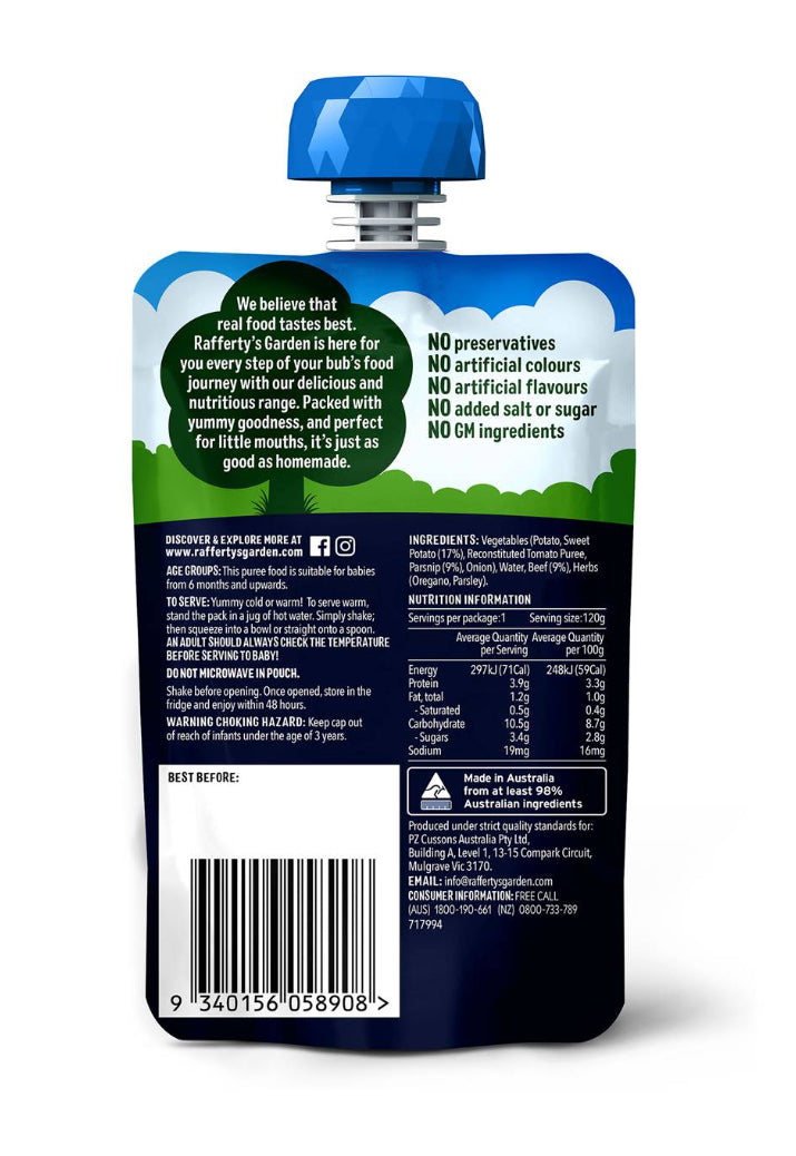 Rafferty's Garden Baby Food Pouch Beef, Sweet Potato & Parsnip 6+ Months 120g