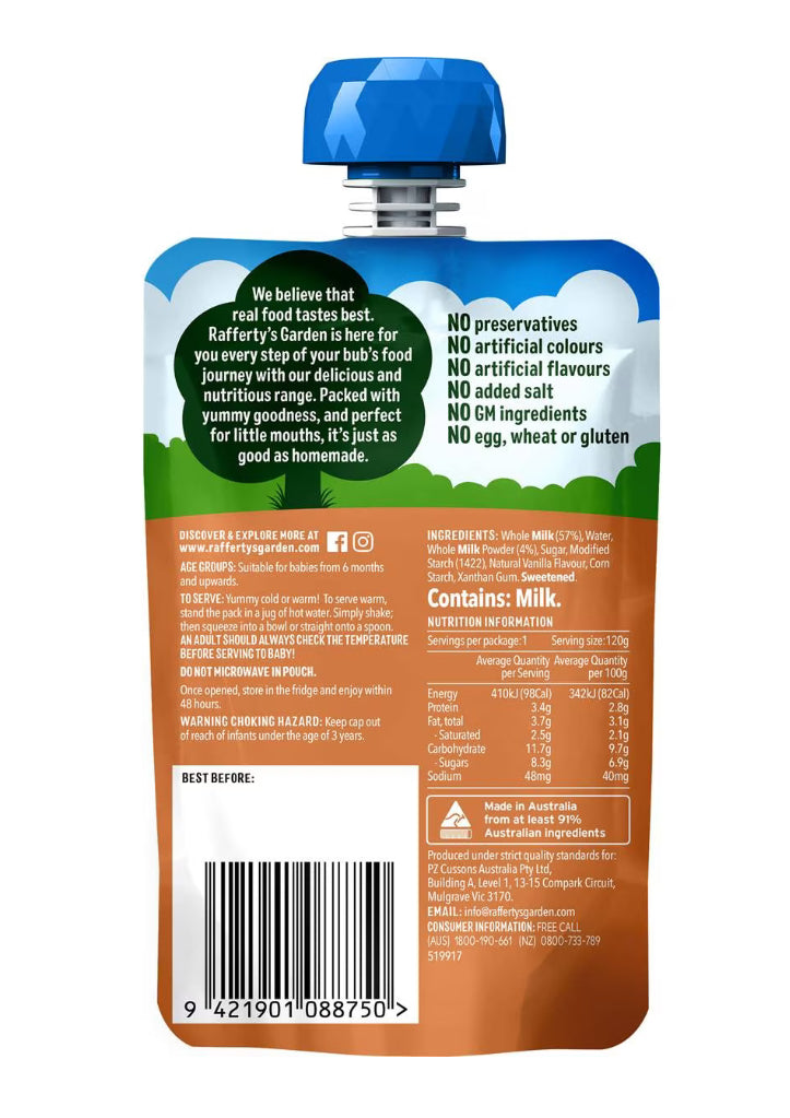 Rafferty's Garden Baby Food Pouch Vanilla Custard 6+ Months 120g