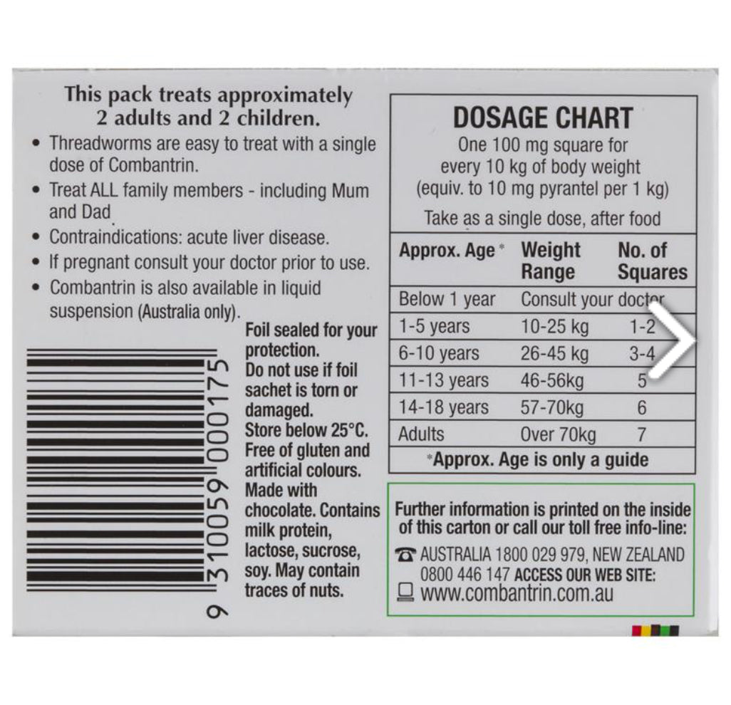 Combantrin Chocolate Squares Worm Treatment 24 Pack