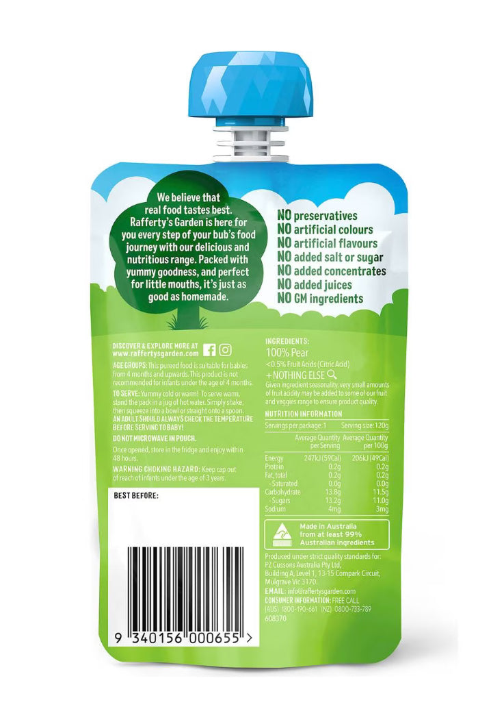 Rafferty's Garden Pear Puree & Nothing Else Baby Food Pouch 4+ Months 120g
