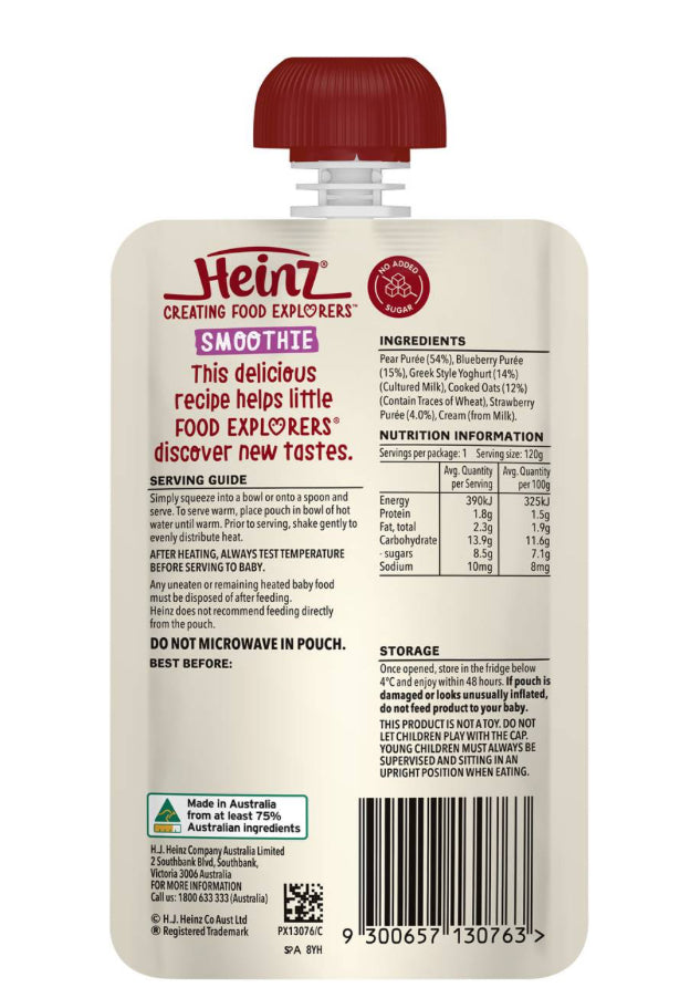 Heinz Smoothie Pear, Berry, Oat, Greek Yoghurt Baby Food 8+ M 120g