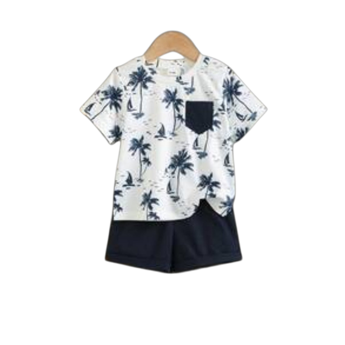 Babylove Nauru baby boy 2-piece beach outfit with coconut tree print t-shirt, chest pocket, and navy elastic shorts.