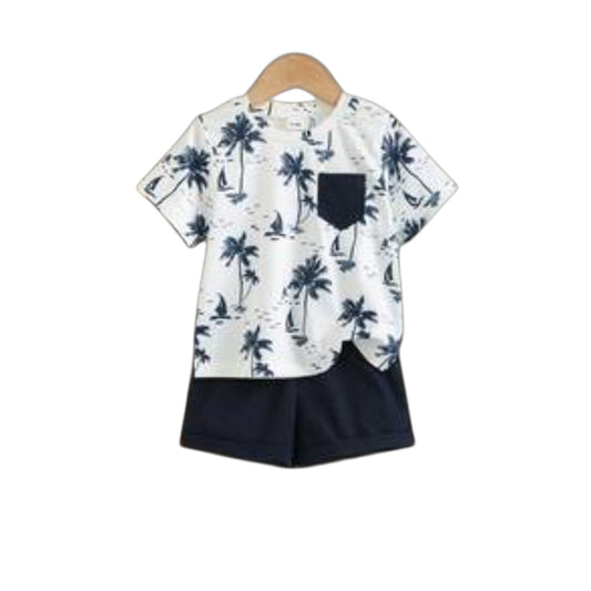 Babylove Nauru baby boy 2-piece beach outfit with coconut tree print t-shirt, chest pocket, and navy elastic shorts.