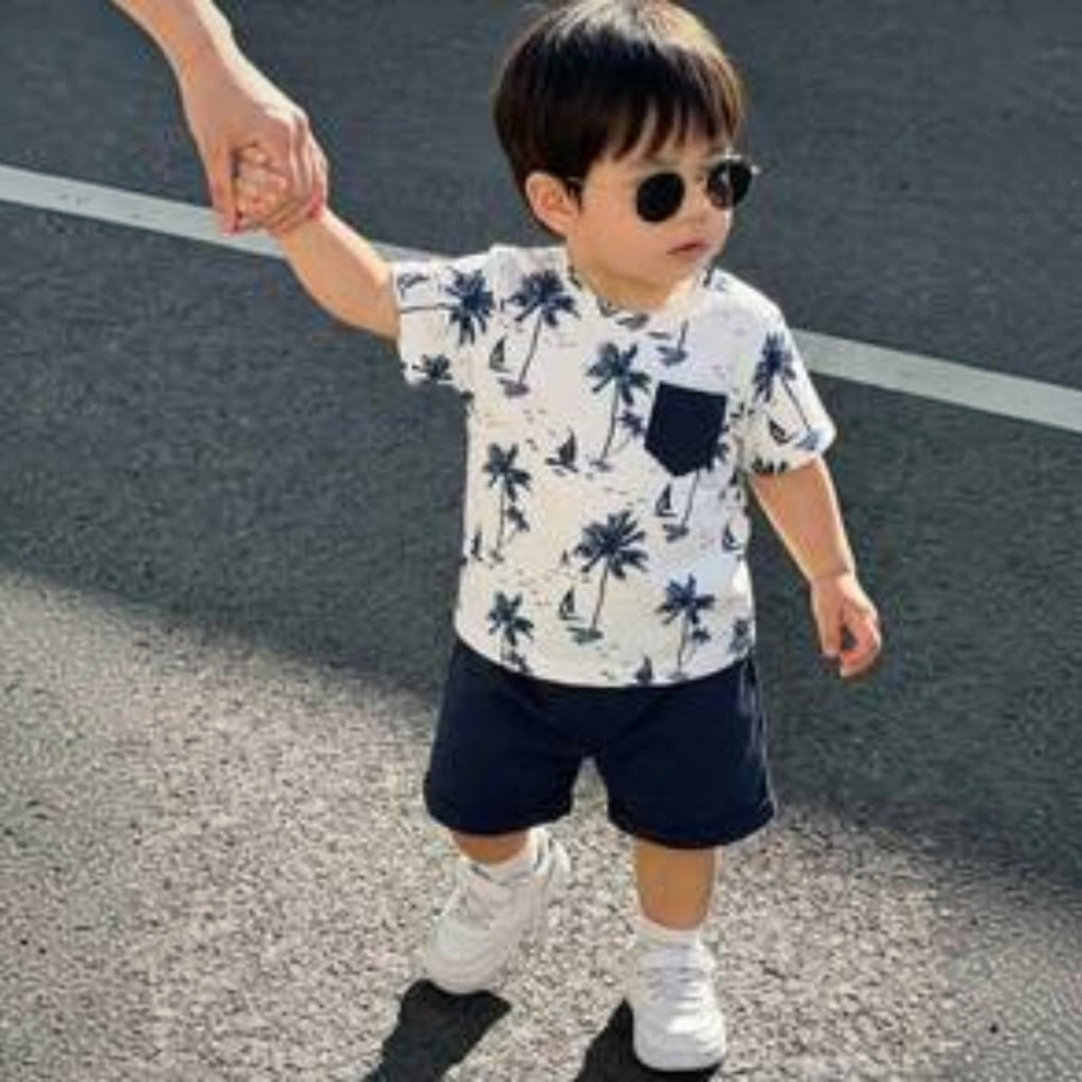 Babylove Nauru baby boy tropical coconut tree print t-shirt and navy shorts set with pocket detail