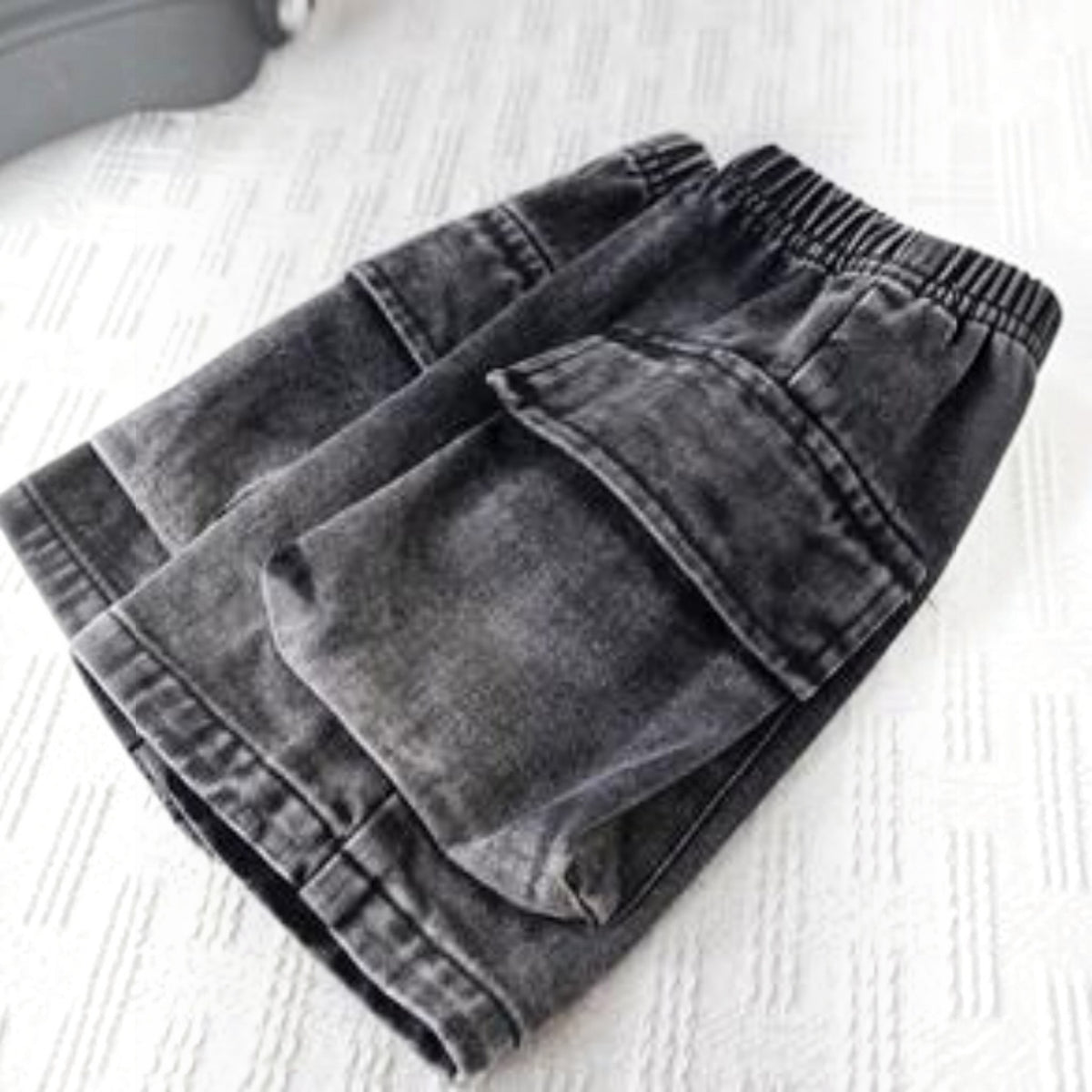 Babylove Nauru baby boy black denim cargo shorts with elastic waistband and side pockets