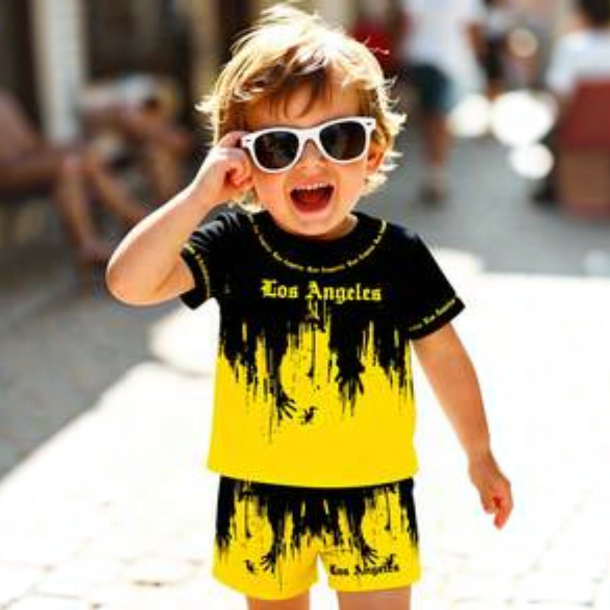 Babylove Nauru baby boy street style outfit with black and yellow Los Angeles letter print t-shirt and matching shorts