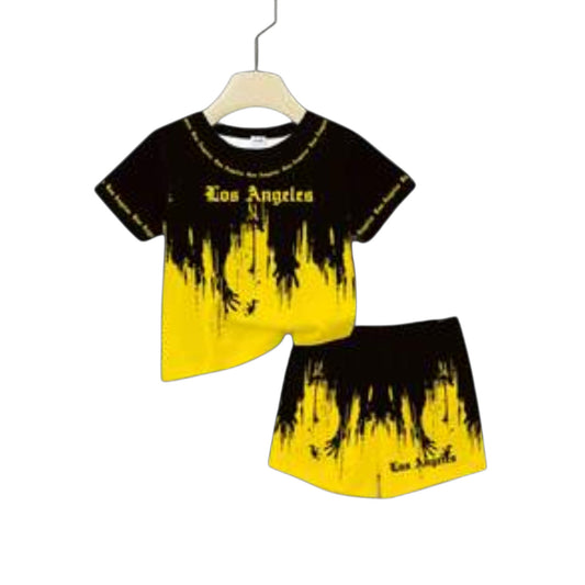 Babylove Nauru baby boy summer outfit with black and yellow Los Angeles letter print t-shirt and matching shorts.