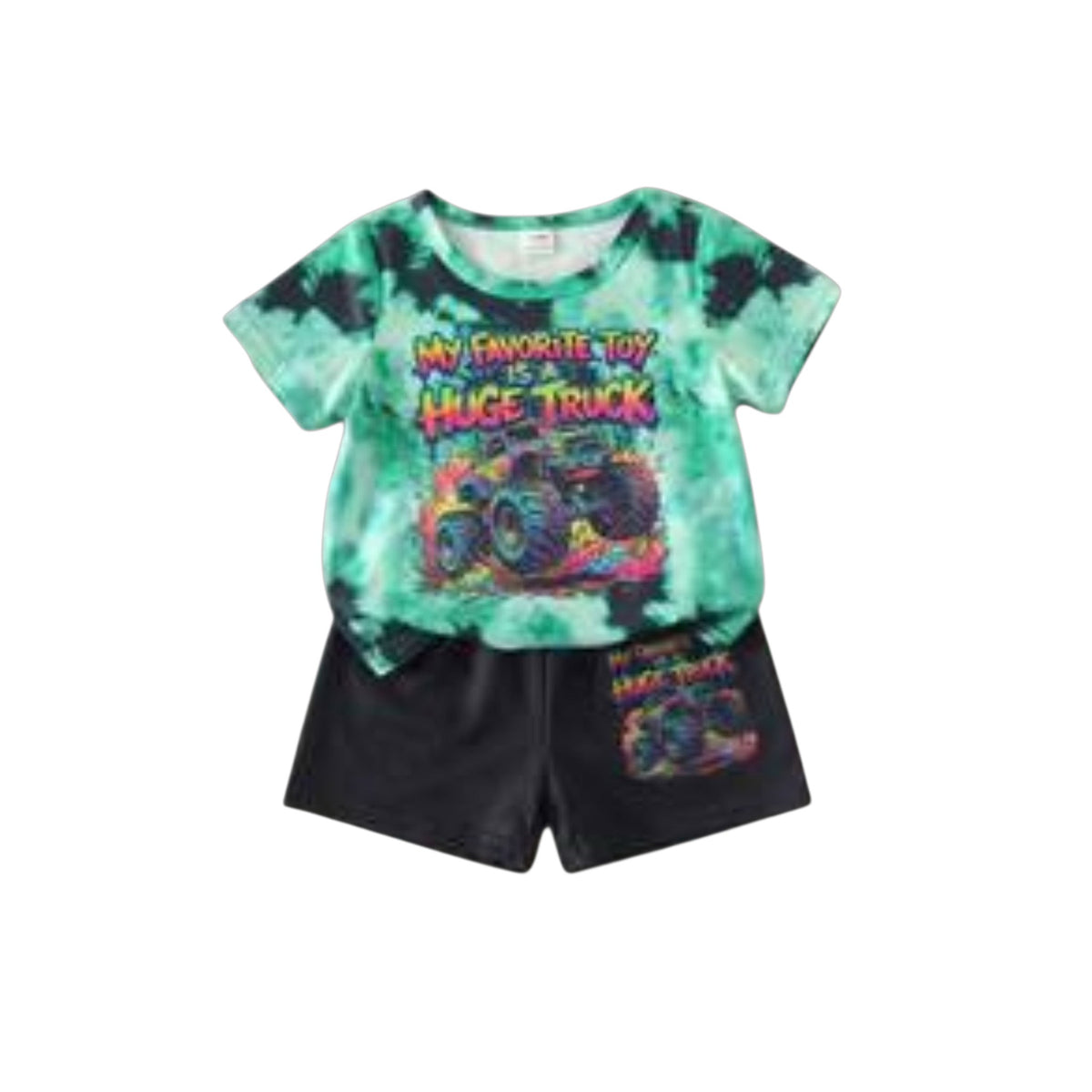 Babylove Nauru unisex summer outfit featuring a green tie-dye t-shirt with monster truck print and black shorts.