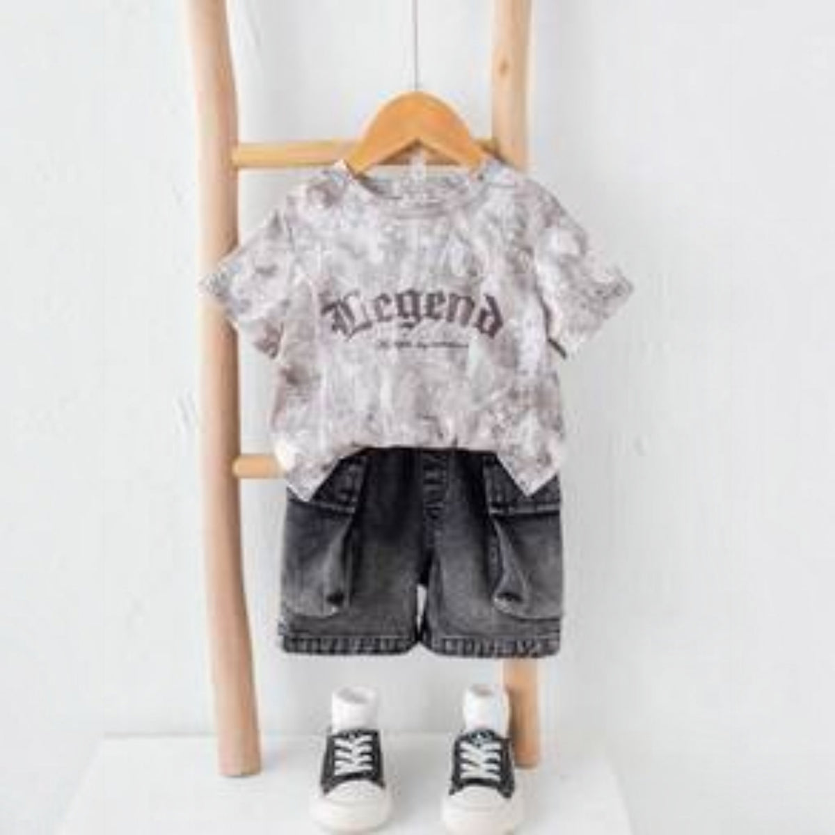 Babylove Nauru baby boy summer outfit with grey camo t-shirt featuring Legend print and black denim cargo shorts