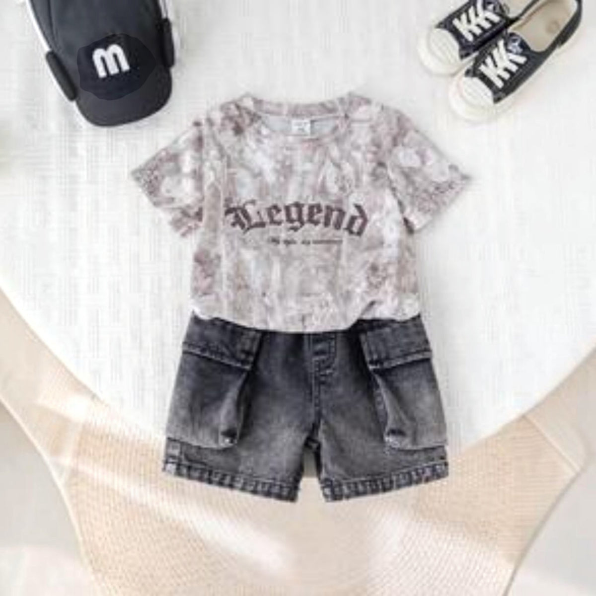 Babylove Nauru 2-piece baby boy outfit with grey camo Legend t-shirt and black denim cargo shorts