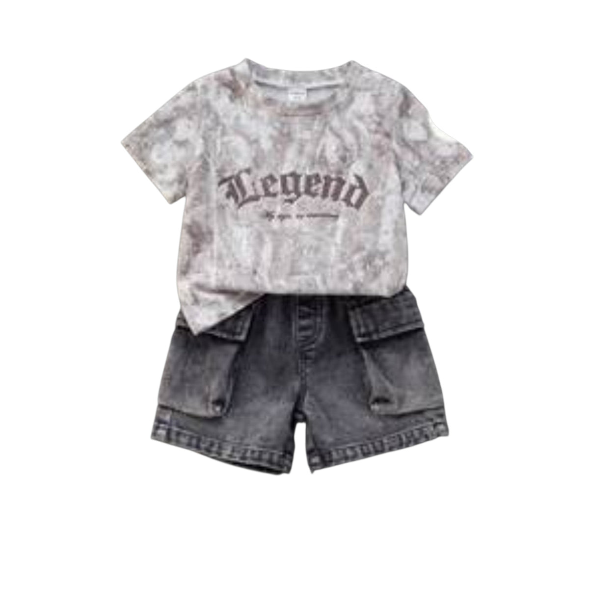 Babylove Nauru baby boy 2-piece set featuring a grey camo Legend t-shirt and black denim cargo shorts for summer.