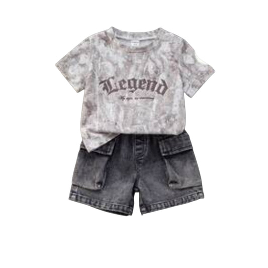 Babylove Nauru baby boy 2-piece set featuring a grey camo Legend t-shirt and black denim cargo shorts for summer.