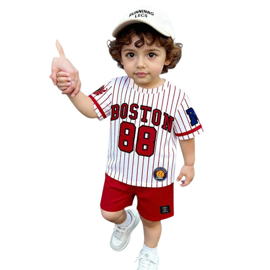 Babylove Nauru kids red and white striped sports outfit with Boston 88 print, short sleeves, and matching shorts.